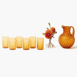 Amber Hobnail Jug and Glasses (Set of 6)