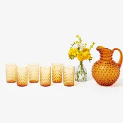 Amber Hobnail Jug and Glasses (Set of 6)