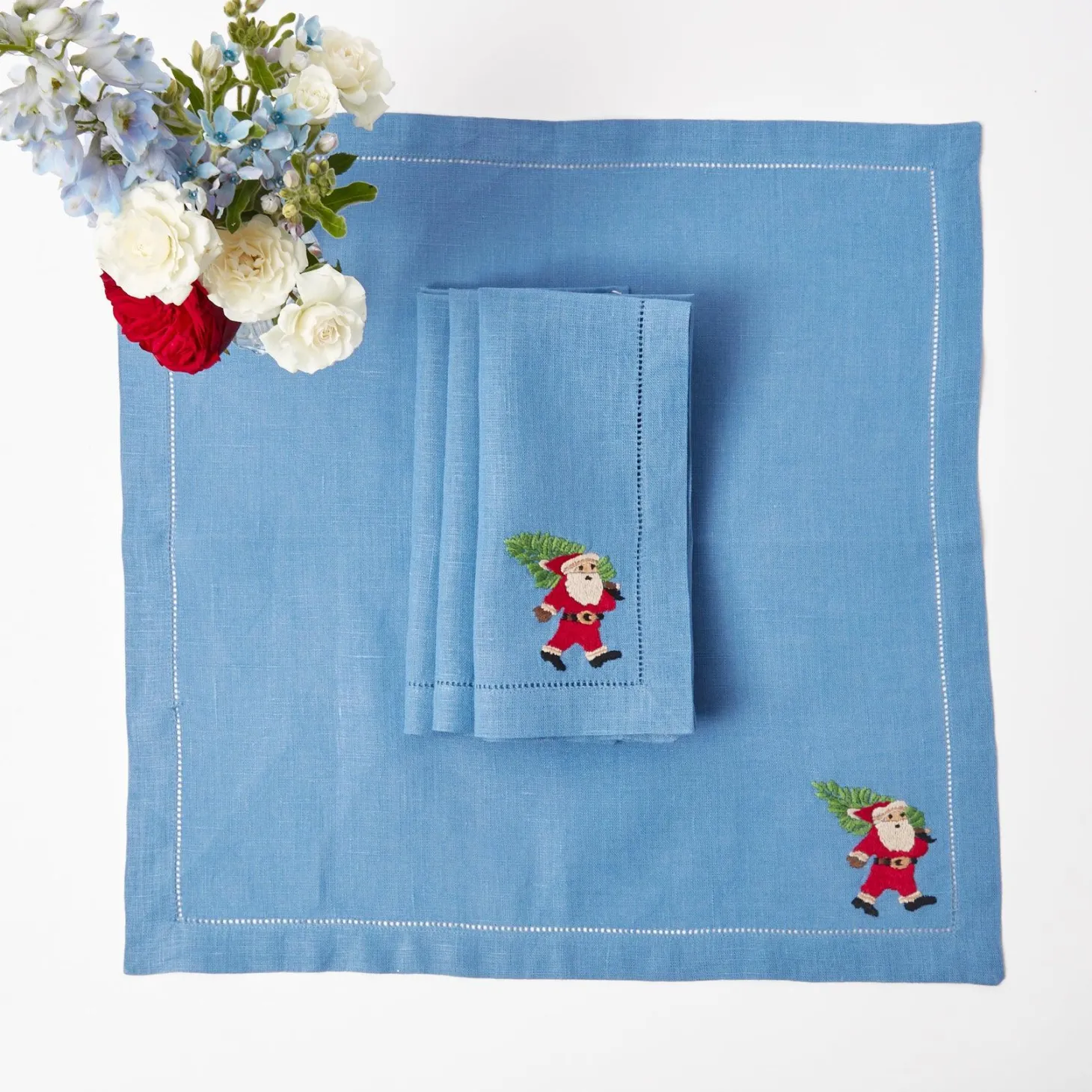 Blue & Red Hand Embroidered Father Christmas Napkins (Set of 4)