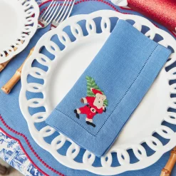 Blue & Red Hand Embroidered Father Christmas Napkins (Set of 4)
