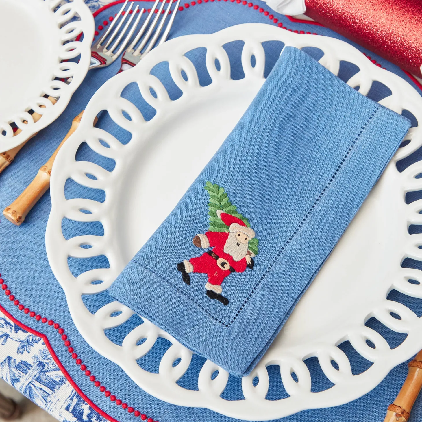 Blue & Red Hand Embroidered Father Christmas Napkins (Set of 4)