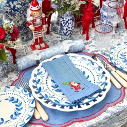 Blue & Red Hand Embroidered Father Christmas Napkins (Set of 4)