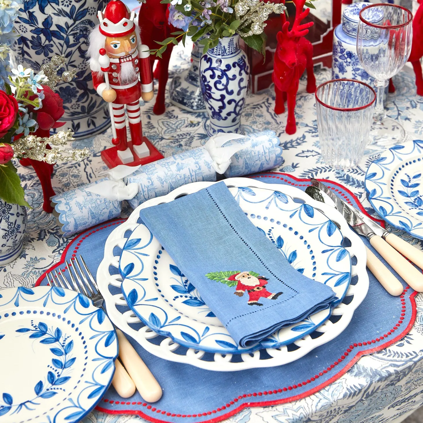 Blue & Red Hand Embroidered Father Christmas Napkins (Set of 4)