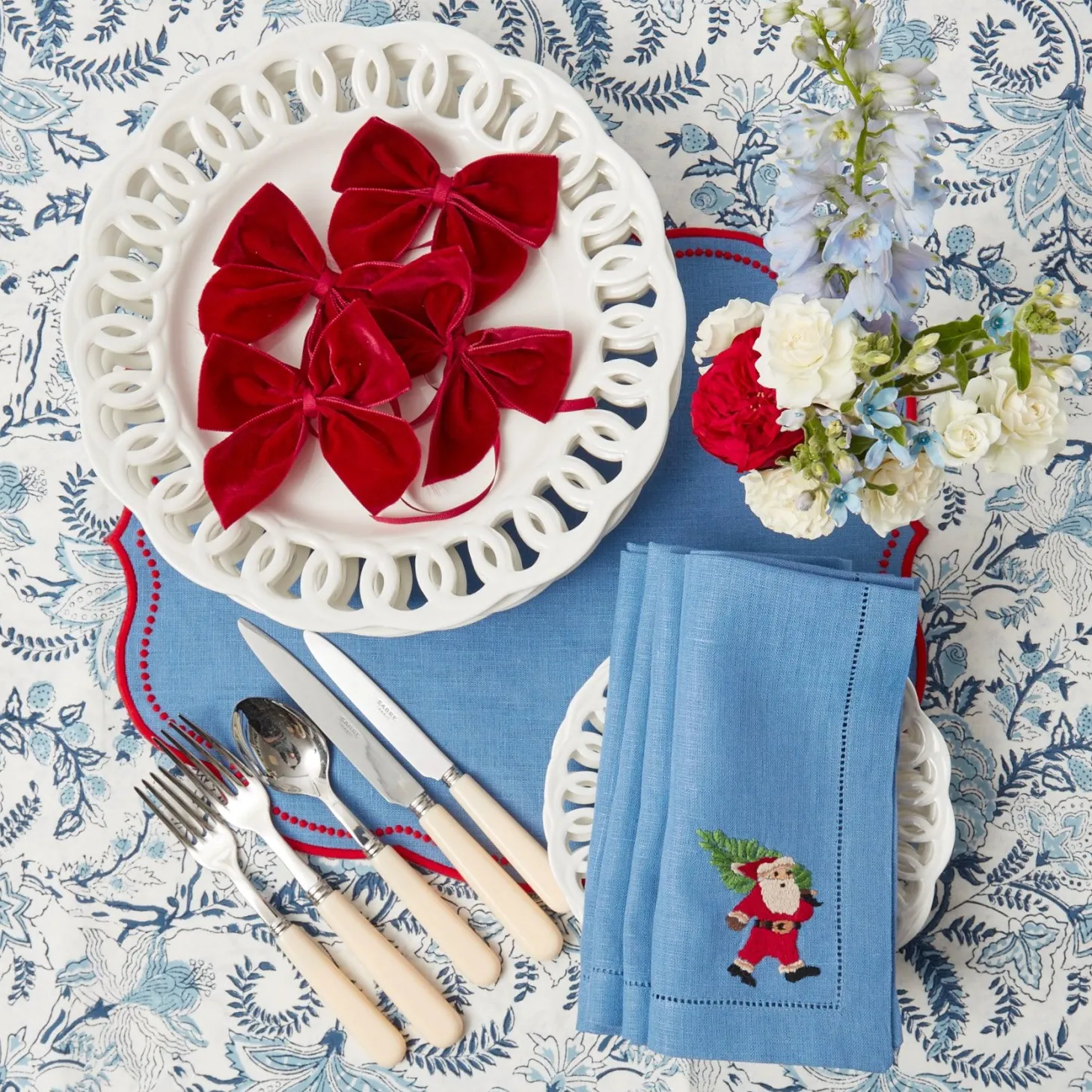 Blue & Red Hand Embroidered Father Christmas Napkins (Set of 4)