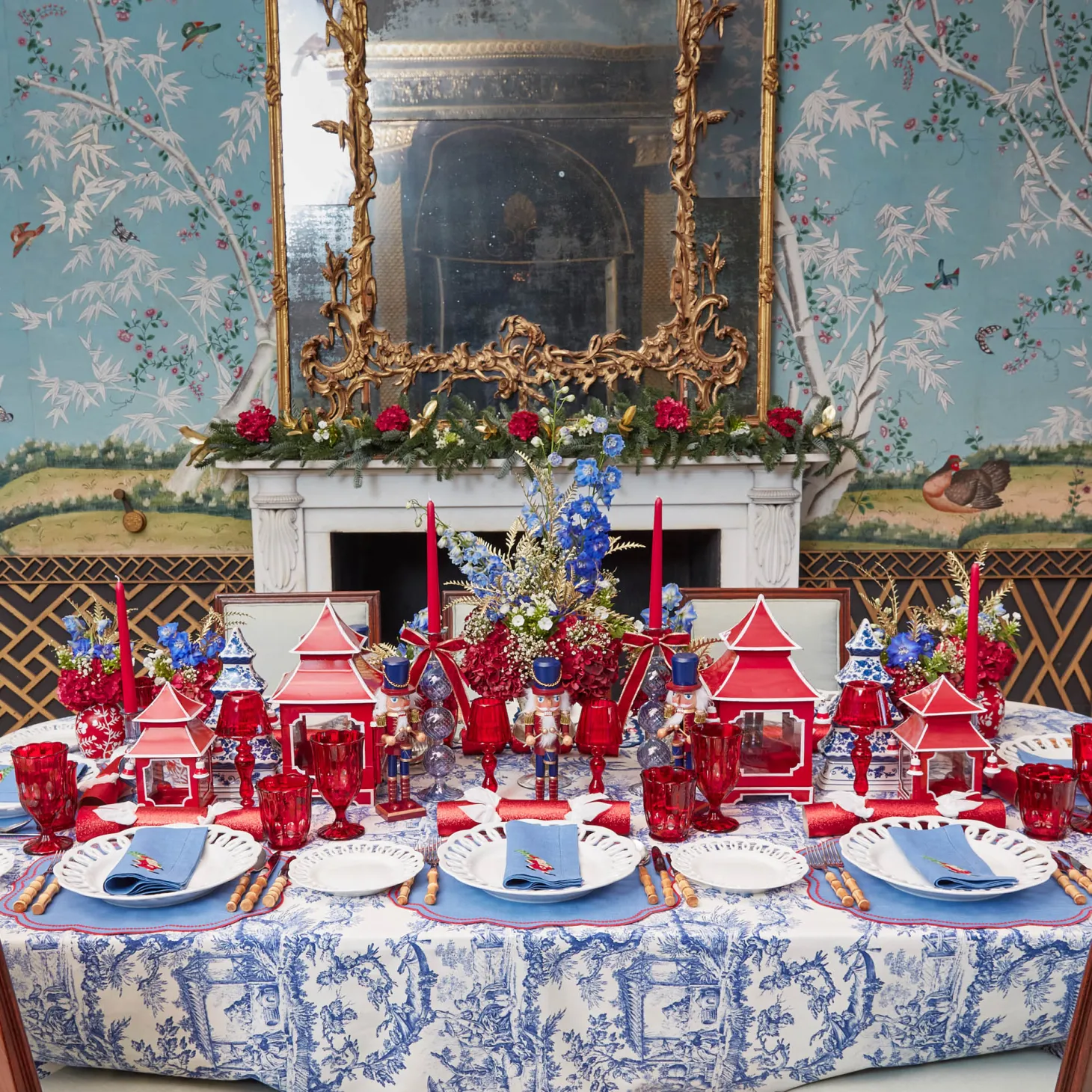 Blue & Red Hand Embroidered Father Christmas Napkins (Set of 4)