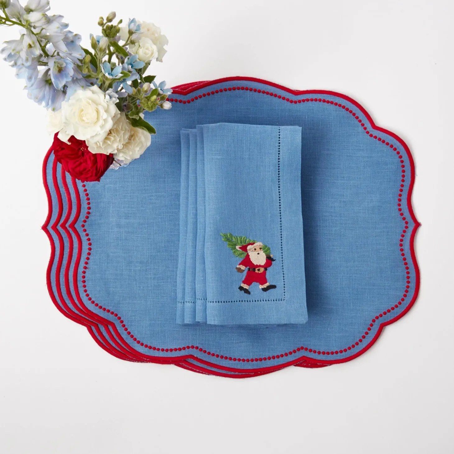 Blue & Red Hand Embroidered Father Christmas Napkins (Set of 4)