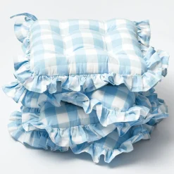 Blue Gingham Ruffle Seat Pad Cushion (Set of 4)