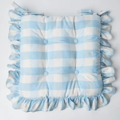 Blue Gingham Ruffle Seat Pad Cushion (Set of 4)