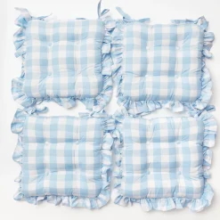 Blue Gingham Ruffle Seat Pad Cushion (Set of 4)