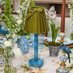 Blue Leonora Lacquer Rechargeable Lamp with Olive Velvet Bow Shade (18cm)