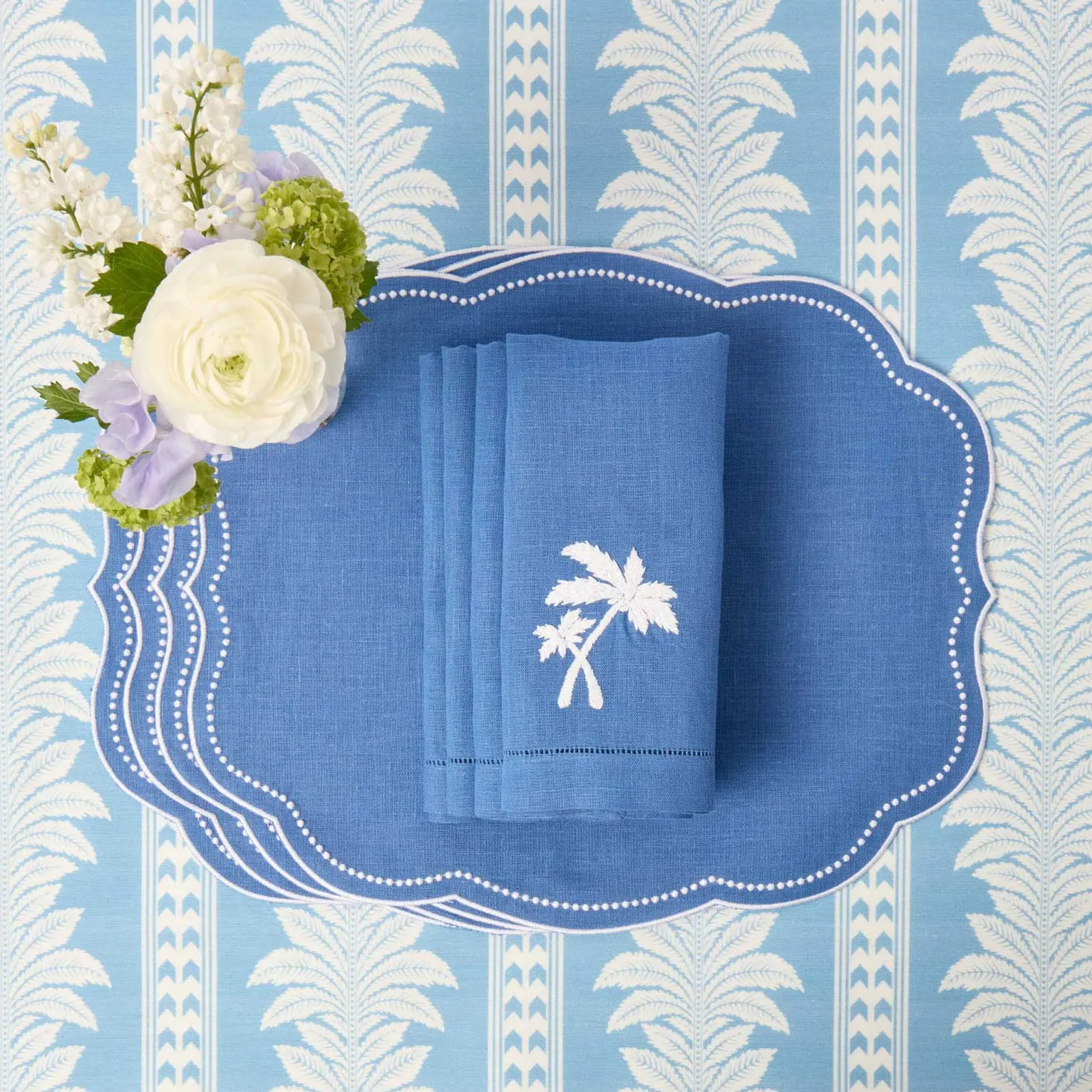 Blue Linen Eloise Placemats & Palm Tree Napkins (Set of 4)