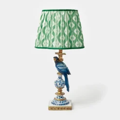Blue Parrot Lamp with Green Ikat Shade (30cm)