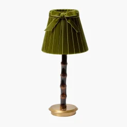 Burnt Bamboo Rechargeable Lamp with Olive Velvet Bow Shade (18cm)