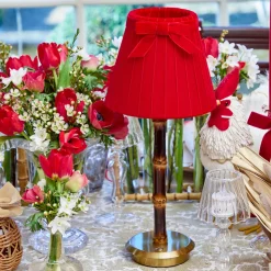 Burnt Bamboo Rechargeable Lamp with Red Velvet Bow Shade (18cm)