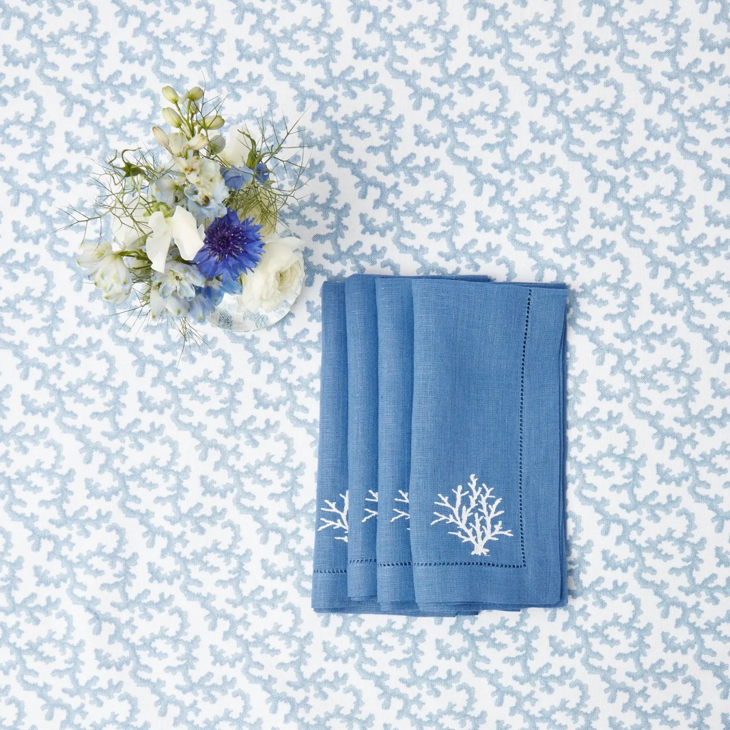 Coral Blue Linen Napkins (Set of 4)