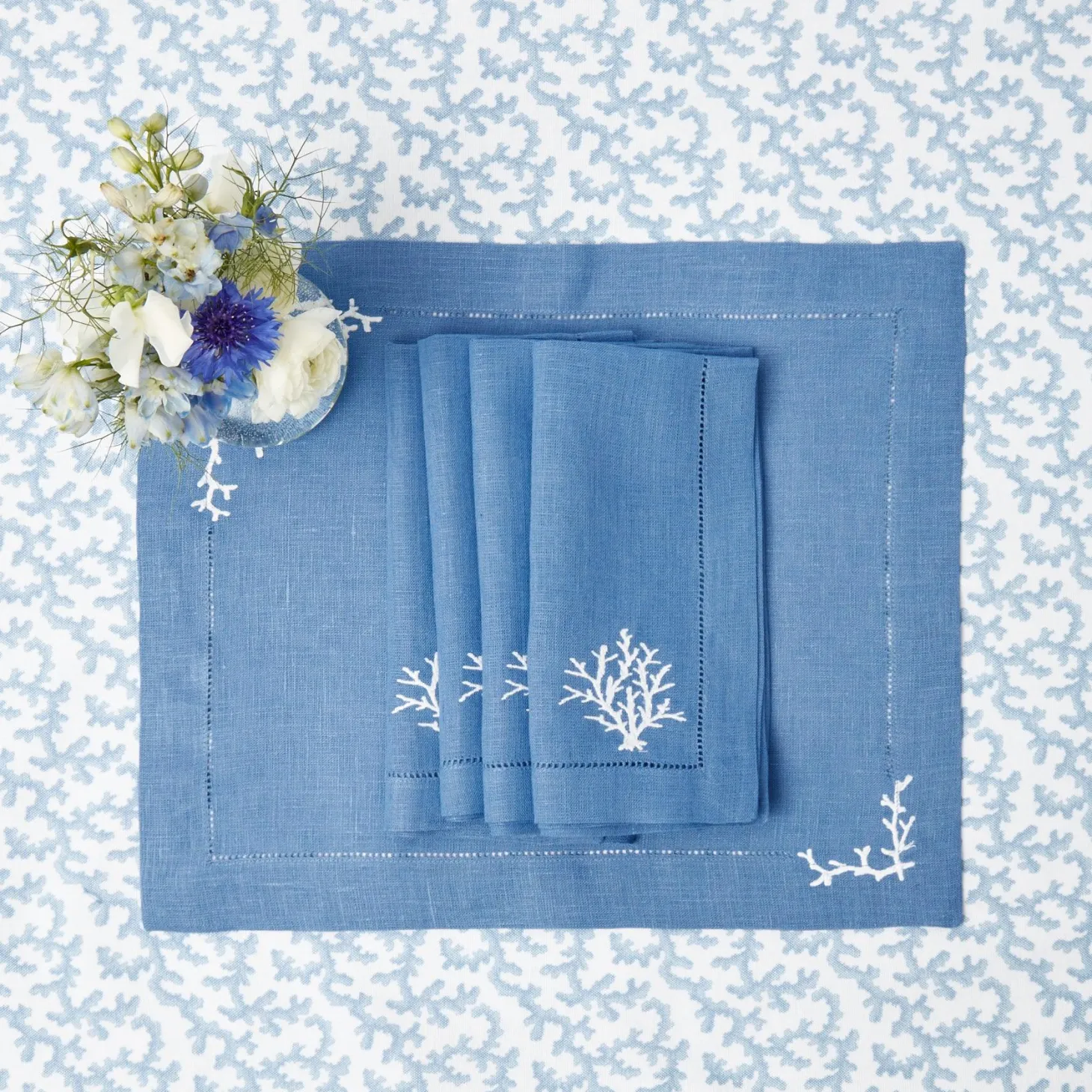 Coral Blue Linen Napkins (Set of 4)