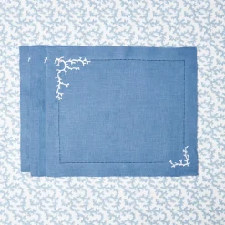 Coral Blue Linen Placemats & Napkins (Set of 4)