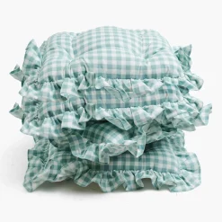 Duck Egg Blue Gingham Ruffle Seat Pad Cushions (Set of 4)