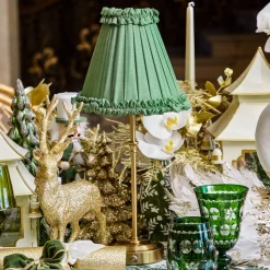 Edie Tall Rechargeable Lamp with Green Frilled Silk Shade (18cm)