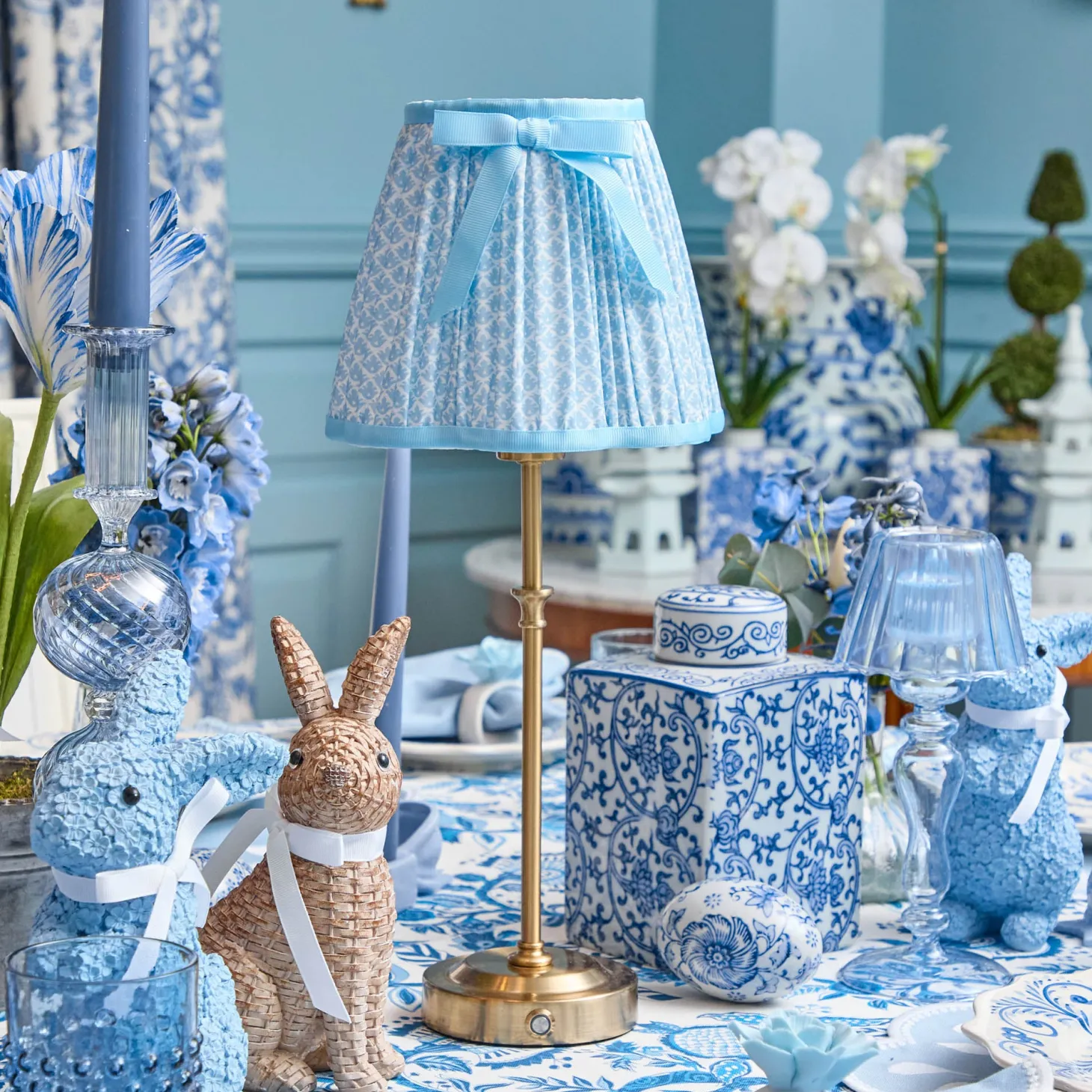 Edie Tall Rechargeable Lamp with Soft Blue Lotus Bow Shade (18cm)