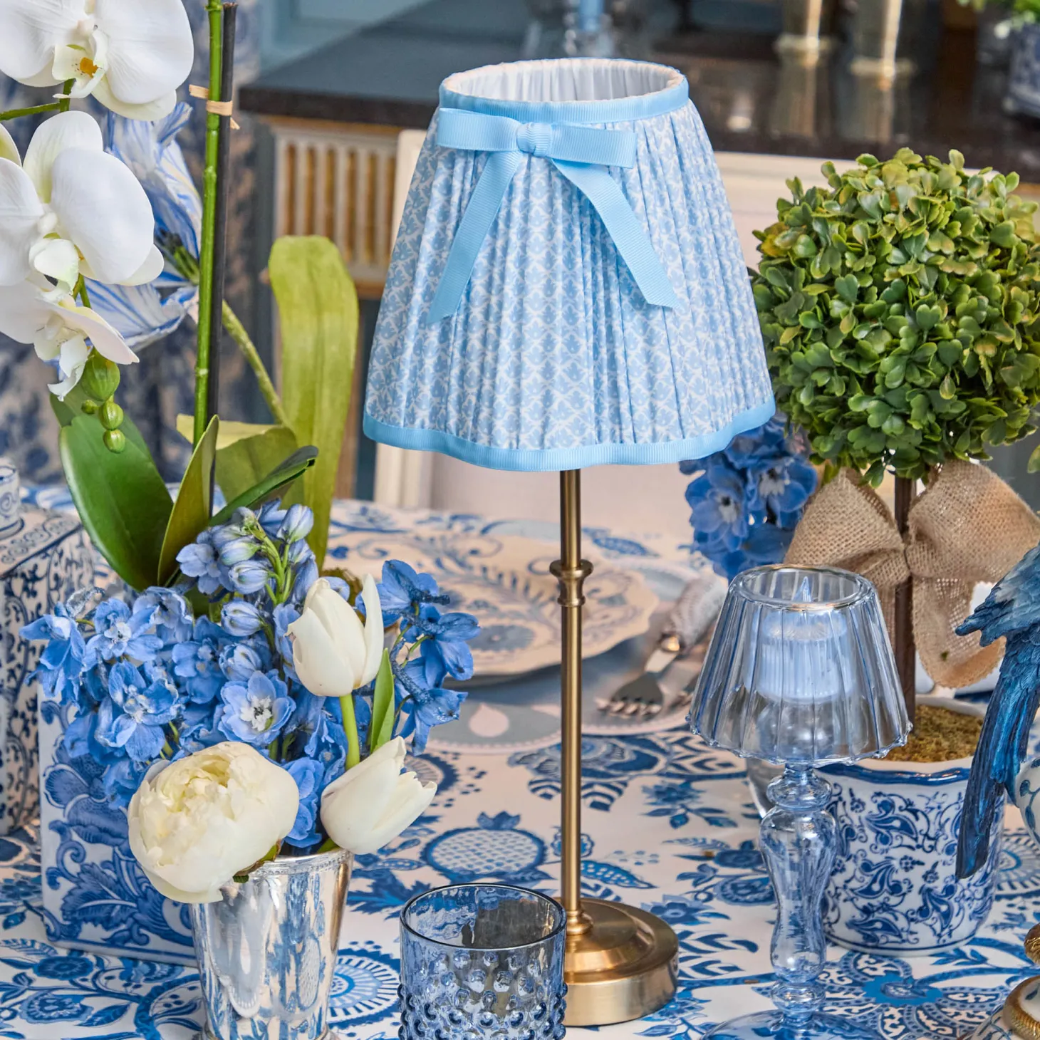 Edie Tall Rechargeable Lamp with Soft Blue Lotus Bow Shade (18cm)