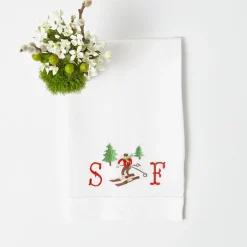 Embroidered Skier White Linen Hand Towel