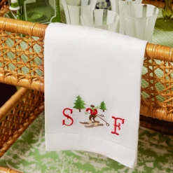 Embroidered Skier White Linen Hand Towel