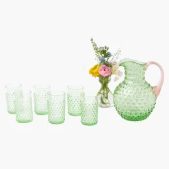 Emerald Hobnail Jug with Rose Handle & Glasses (set of 6)