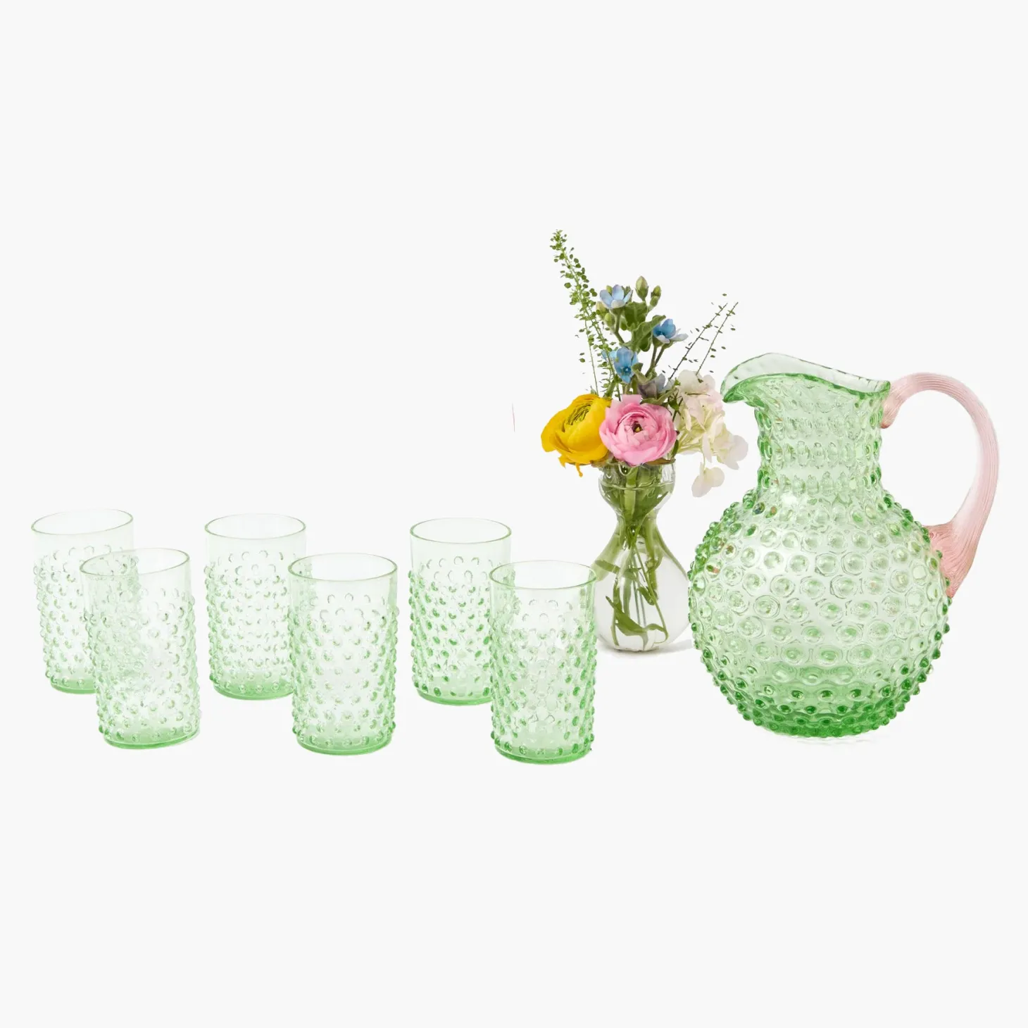 Emerald Hobnail Jug with Rose Handle & Glasses (set of 6)