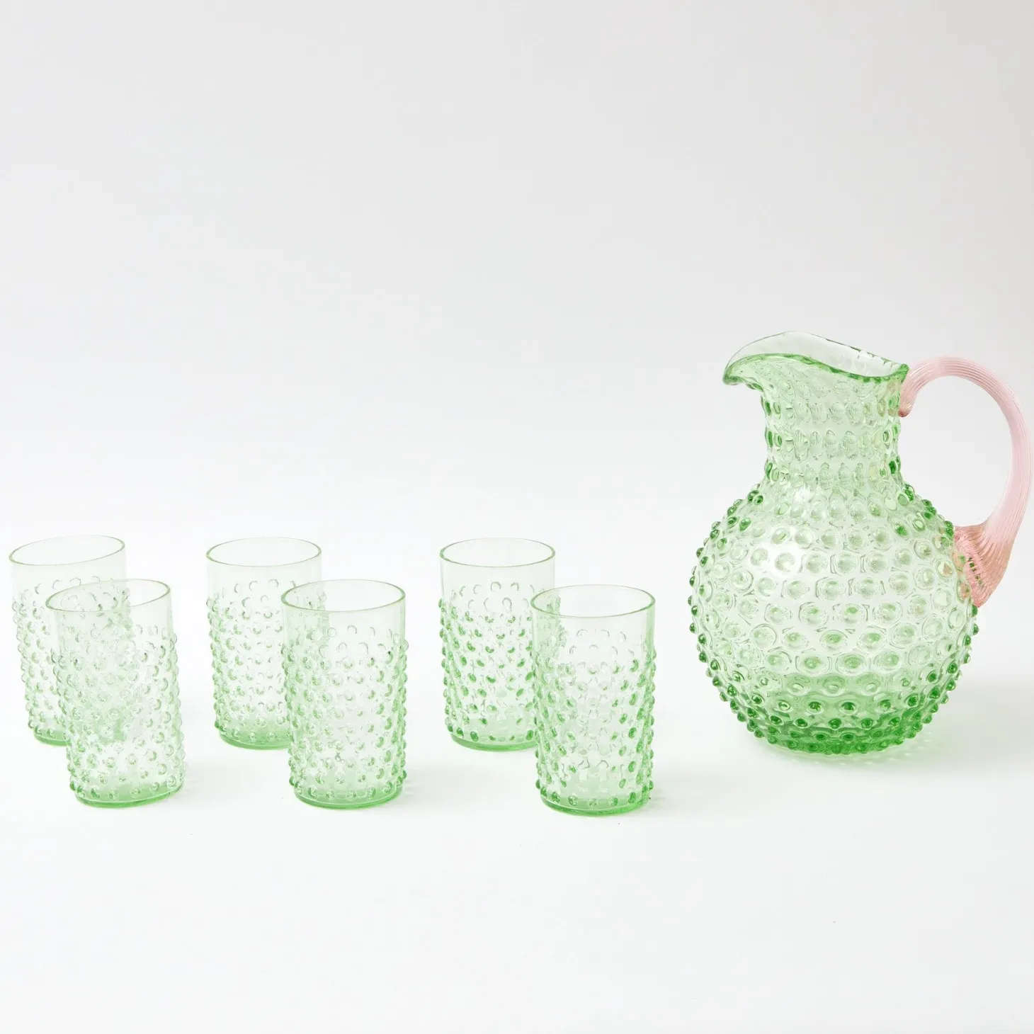 Emerald Hobnail Jug with Rose Handle & Glasses (set of 6)