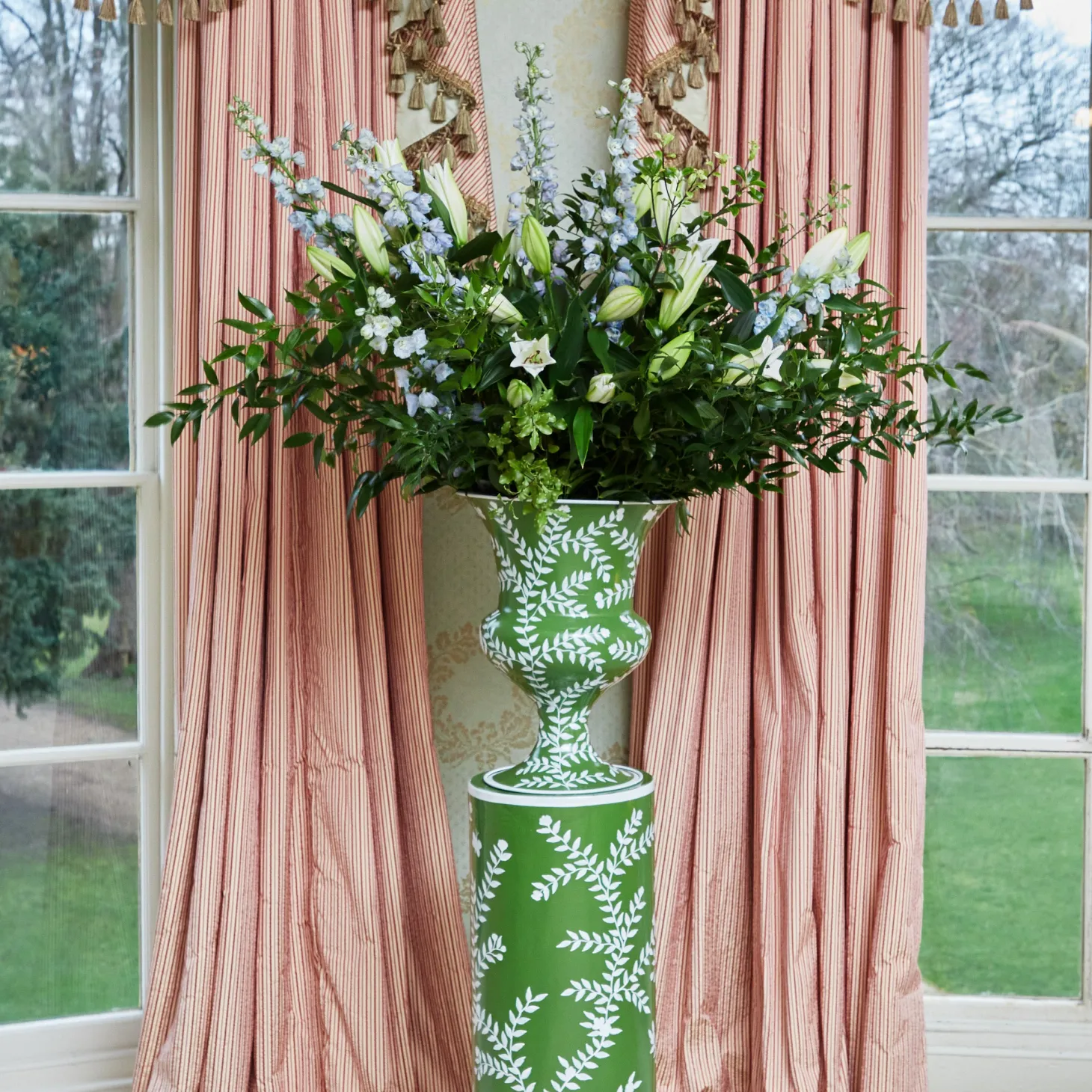 Emmeline Green Floral Urn & Pedestal