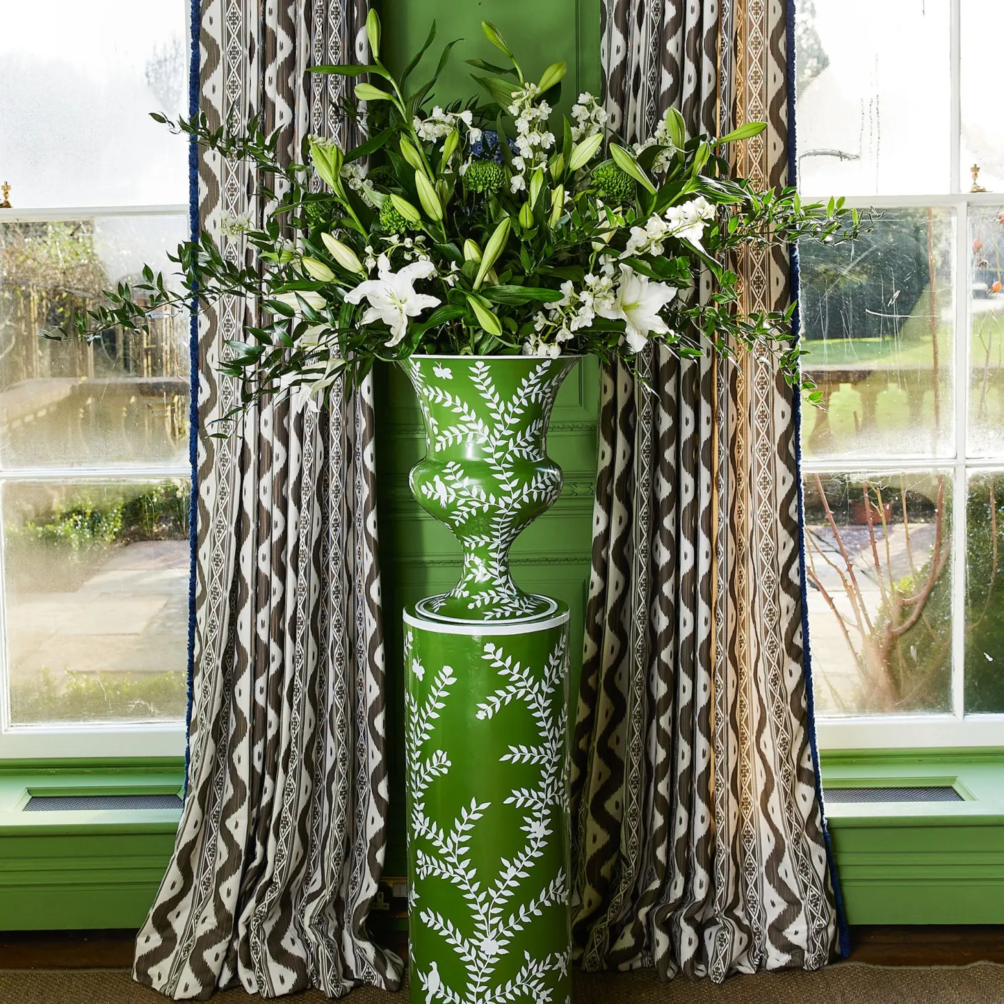 Emmeline Green Floral Urn & Pedestal