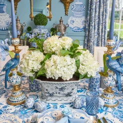 Faux White Hydrangea in Chinoiserie Planter