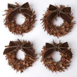 Feather Wreaths with Forest Green Velvet Bows (Set of 4)