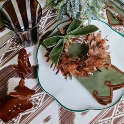 Feather Wreaths with Forest Green Velvet Bows (Set of 4)