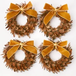 Feather Wreaths with Forest Green Velvet Bows (Set of 4)