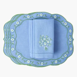 Floral Periwinkle Linen Placemats & Napkins (Set of 4)