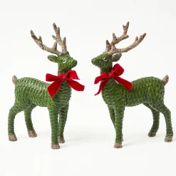 Forest Green Rattan Reindeer with Red Velvet Bows (Pair) - 30cm