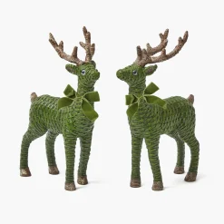 Forest Green Rattan Reindeer with Green Velvet Bows (Pair) - 30cm