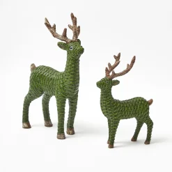 Forest Green Rattan Reindeer with Green Velvet Bows (Pair) - 30cm