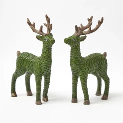 Forest Green Rattan Reindeer with Green Velvet Bows (Pair) - 30cm