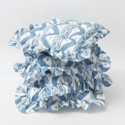 Frilled Blue Ikat Seat Pad Cushions (Set of 4)