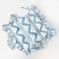 Frilled Blue Ikat Seat Pad Cushions (Set of 4)