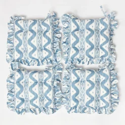 Frilled Blue Ikat Seat Pad Cushions (Set of 4)