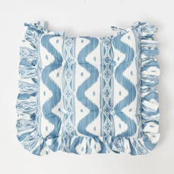 Frilled Blue Ikat Seat Pad Cushion