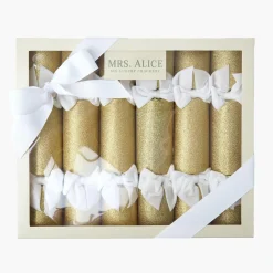 Gold Glitter Crackers with White Velvet Bows (Set of 6)
