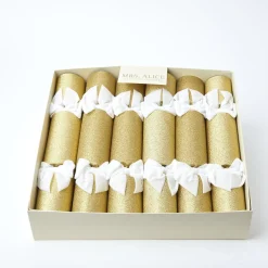 Gold Glitter Crackers with White Velvet Bows (Set of 6)