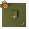 Green Embroidered Pheasant Linen Napkins (Set of 4)