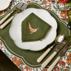Green Embroidered Pheasant Linen Napkins (Set of 4)