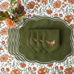 Green Embroidered Pheasant Linen Napkins (Set of 4)